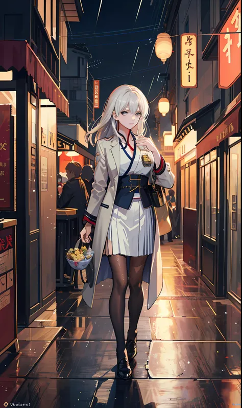 raining night,city,a beautiful woman  wearing school uniform on the bustling streets of gintama, surrounded by vendors, beautifu...