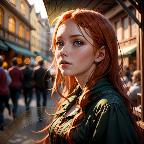 photorealistic photo of young ginger woman wondering in old market i tailand, soft smile, art by midjorney, luminism, ultimate i...