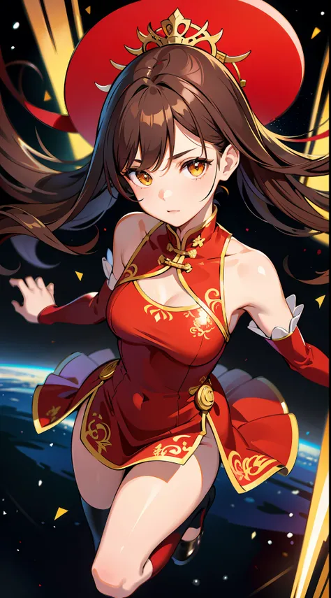 absurd res, high res, (masterpiece:1.4), ultra-detailed, 1girl, from above, space, floating, red Chinese dress, red dress, black stockings, light brown hair, yellow eyes, hands out of frame