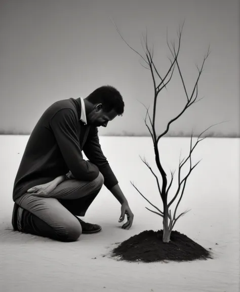 in a barren yellow sand, a man in rags kneels on his knees, hiding his face and weeping in front of a withered sapling that is n...