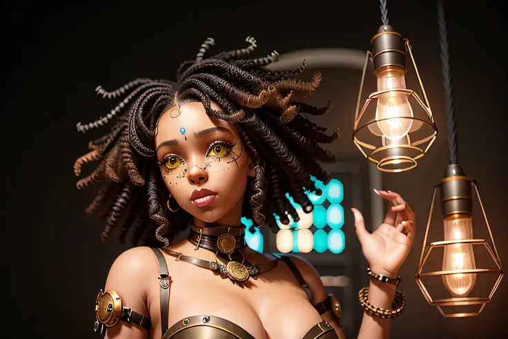 steampunk african goddess, machine scrap, lying a beautiful doll, heterochromia eyes, neon rainbow pantyhose, really curly hair, dark skin, worn (mechanical gear: 1.2), [emb-rrf2], style-glass, full body, wide angle lens, dramatic, backlit, subsurface scat...