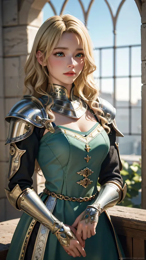 1girl, masterpiece, best quality, 8k, detailed skin texture, detailed cloth texture, beautiful detailed face, intricate details, ultra detailed, a european girl, green eyes, blonde curly hai, 3D character, Medieval Knight