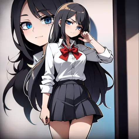 Girl, school uniform, very short skirt, fair skin, casual birthmark, long straight black hair, blue eyes, looking away, front view