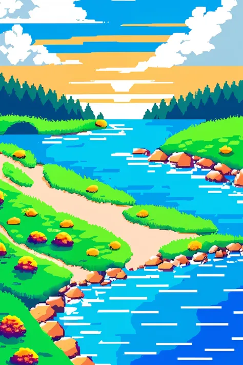 A beautiful landscape pixel with flowers, sunshine, river water