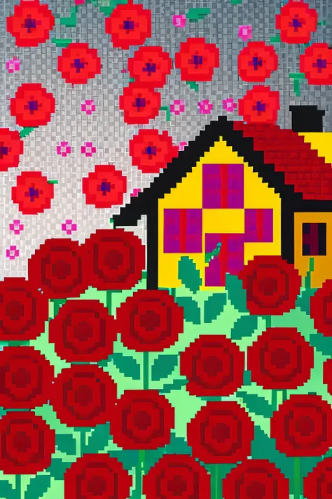 A beautiful flower pixel with a house. Red roses all over the screen