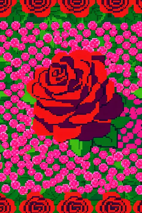 A beautiful flower pixel with a house. Red roses all over the screen