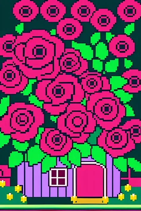 A beautiful flower pixel with a house. Red roses all over the screen