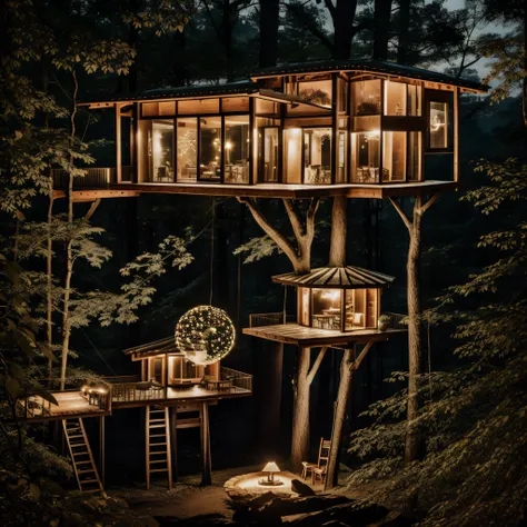 A small tree house built on a tree in the forest, the tree house is composed of winding branches and logs, and there are scattered luminous balls on the ground around it, aesthetic artistic conception, Tyndall effect, high-definition photography, landscape...