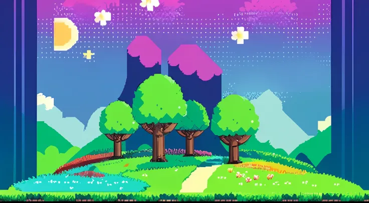 A beautiful landscape pixel with flowers and trees, mini world