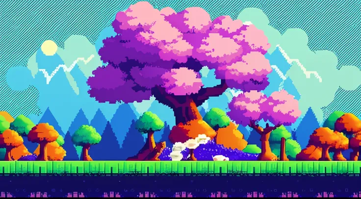 A beautiful landscape pixel with flowers and trees, mini world