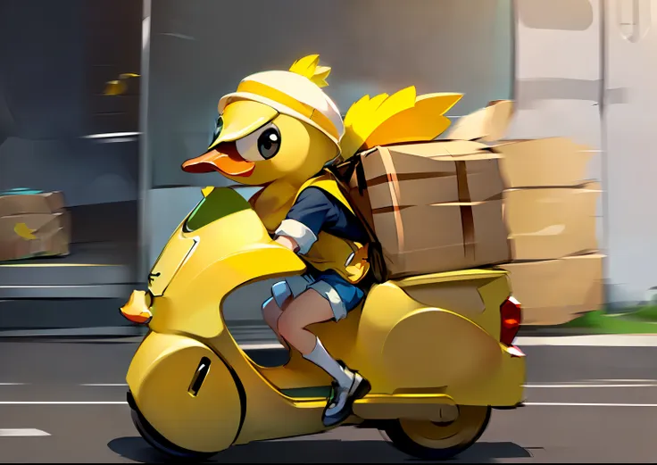 a beautiful courier, wearing a cute little yellow duck delivery hat, riding a delivery car, energetic, focused, every package de...