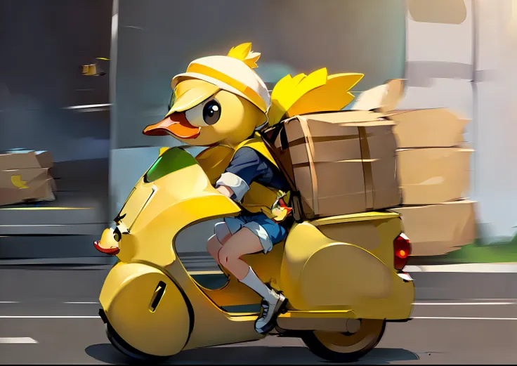 a beautiful courier, wearing a cute little yellow duck delivery hat, riding a delivery car, energetic, focused, every package de...