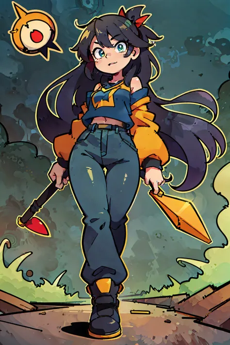 masterpiece, high quality, (anime), best quality, 1girl, very detailed eyes and face, very detailed background, long black and red baggy shirt, dynamic pose, dynamic light, full body, ponytail hair and yellow and dark green, background: rainbow, dark blue ...