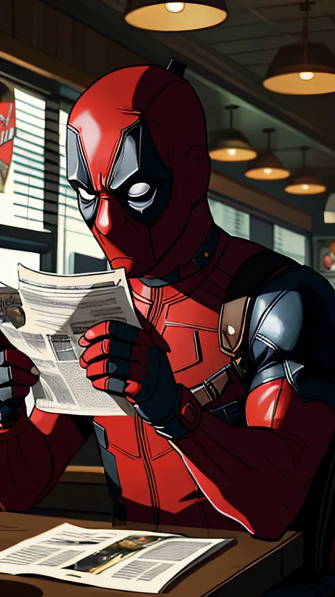 portrait512 deadpool from marvel in a mask reading (newspaper:0.8) in a diner, a still from the cinematic movie photo512