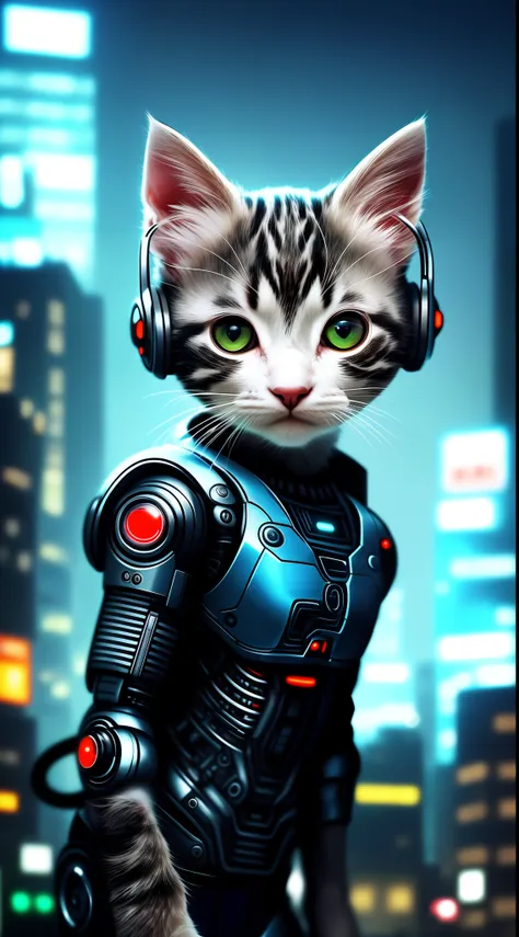 a cute and cool kitten, curious++, cyborg+, cyberpunk style, (fine detail)++, hdr, (fine detail) +, (super fine detail) +, movie...