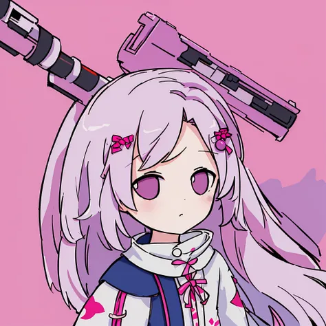 masterpiece, 1girl,solo, chibi, best quality, pink clothes, [white hair:pink hair:20],long hair,upper body, hairclip, light purple background