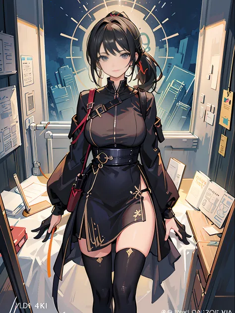 masterpiece, best quality,((masterpiece)),(best quality), (illustration:1.4),((extremely detailed CG unity 4k wallpaper)),(cinematic lighting), official art, huge filesize, (woman),black hair, ponytail, sulky
