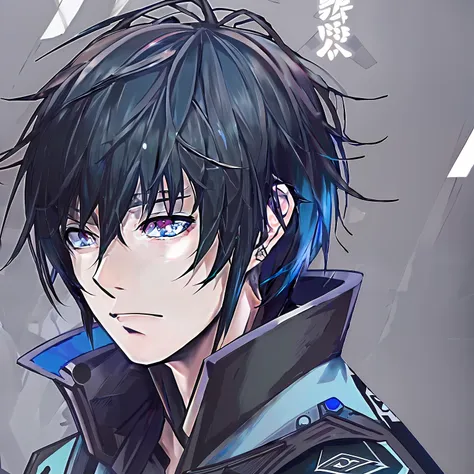 anime boy with black hair and blue eyes in black jacket, detailed digital anime art, anime boy, detailed portrait of gwais, anim...