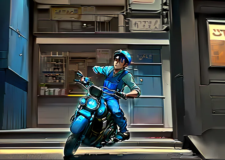 the courier, 1 boy, rode down the street on a motorcycle, wearing blue overalls and carrying a blue box