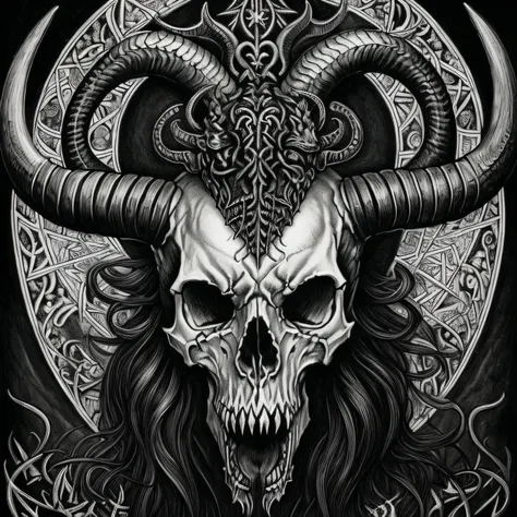 a black and white drawing of a horned skull with snakes around it, highly detailed dark art, ram skull, ram skulls, mark riddick...