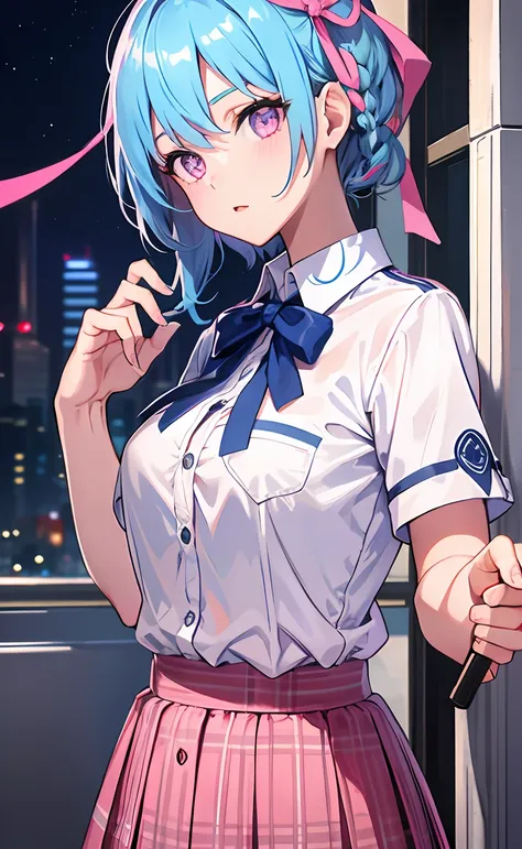 1 girl, upper body, beautiful girl, shiny skin, looking at the audience, (sky blue hair, pink eyes, short skirt, ribbon, button shirt)
