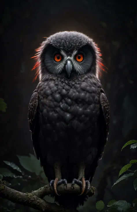 style-nebmagic, award winning photo, a black bird owl sitting on a branch, feathers, evil, sinister, red eye, intricate, detaile...