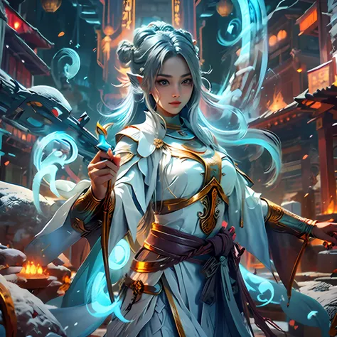 drawing the sword of the snow mountain, the sword with the cold ice flame of the ancient style woman, holding the blue flame bur...