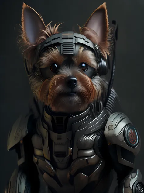 A Yorkshire Terrier (robot) dog as the doomslayer, realistic scifi cyberpunk power armor robot, closeup portrait