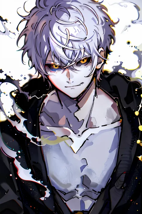 1boy, black sclera, closed mouth, collarbone, colored sclera, grayscale, japanese clothing, looking at the viewer, male focus, m...