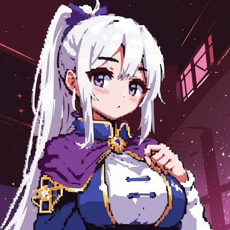 a girl, looking at the audience, white hair, purple eyes, blush, high ponytail, pixel, bust, solo, pull in lens, high quality, m...