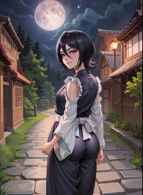 anime screen, night sky, moon, forest, path, 1girl, solo, short hair, black hair, purple eyes, japanese clothes, looking at the ...