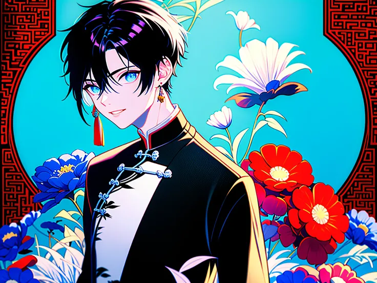 1 boy, china, ((( hanfu))), [(bamboo forest:1.5)::5] ,wearing chinese traditional clothes, mid shot, full body, (rich in details), masterpiece,(crystal decoration lab, crystal pattern, with mecha robot cyberpunk details:0.6),long sleeves, warrior pose, con...