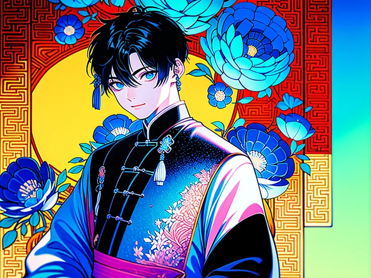 1 boy, china, ((( hanfu))), [(bamboo forest:1.5)::5] ,wearing chinese traditional clothes, mid shot, full body, (rich in details), masterpiece,(crystal decoration lab, crystal pattern, with mecha robot cyberpunk details:0.6),long sleeves, warrior pose, con...