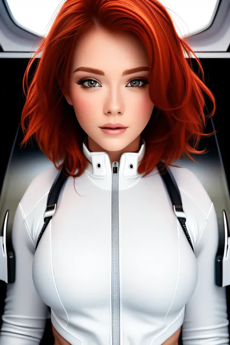 a portrait photography of a gorgeous redhead in open unbuttoned white space suit, cleavage, standing inside spaceship, attractiv...