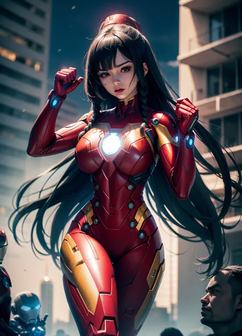 A Woman, full body photo with her feet on the ground, ((dressed as Iron Man/Spider-Man/Mega Man-X)), tight-fitting suit, immensely gigantic breasts. The woman has long blue hair with braids held by teddy bear barrettes, green eyes, this one with her fists ...