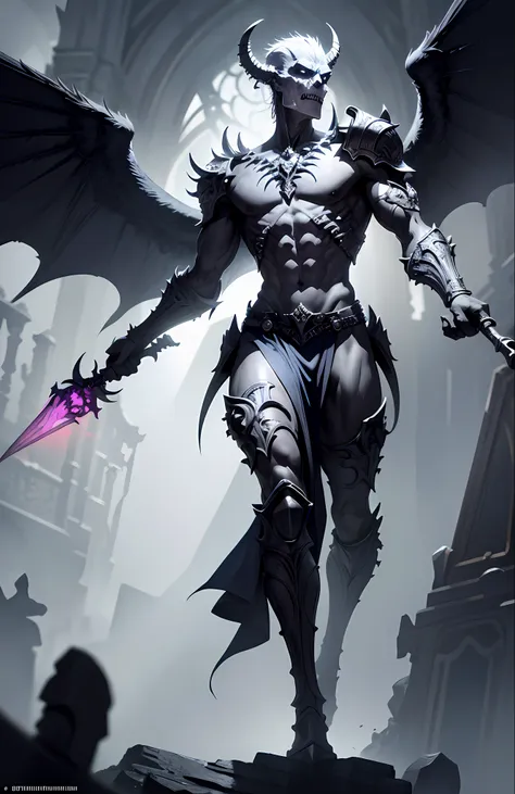 (extremely detailed 8k wallpaper), a full-body photo of a fearsome undead grey gargoyle necromancer holds in his left hand a mac...