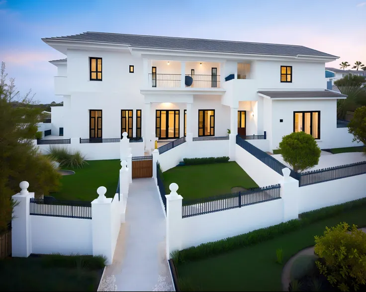 (masterpiece), (best quality), super detailed, house on the beach with garden and surrounded by a fence of balusters, in a small town by the sea, 8k.