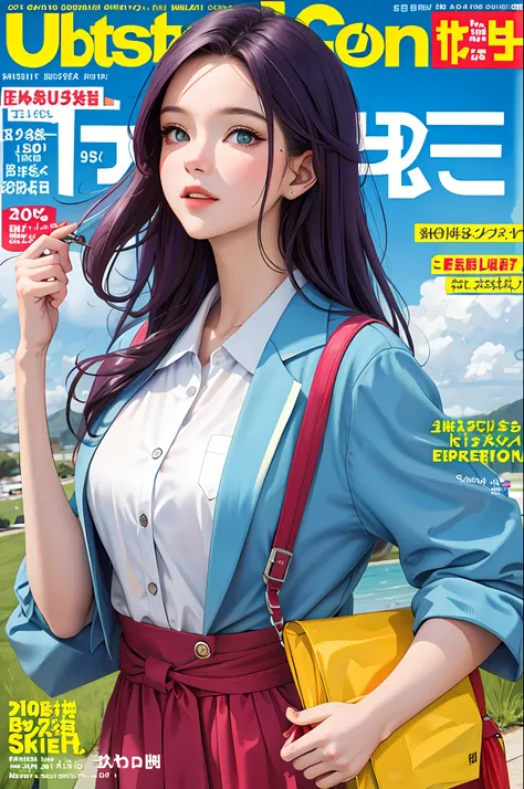 masterpiece, best quality, spring outfit, colorful hair, outdoor, magazine cover ,upper body,