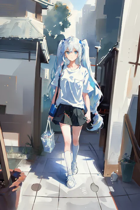 (best quality, masterpiece), 1girl, (female focus), ahoge, white blue hair, ((white shirt), (overfit shrit)), long hair, standin...