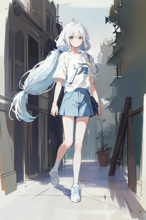 (best quality, masterpiece), 1girl, (female focus), ahoge, white blue hair, ((white shirt), (overfit shrit)), long hair, standin...