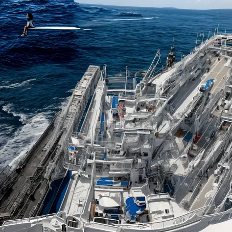 Looking at the sea on the left, the sea on the right, and the deck of the ship at your feet, the perspective highlights the perspective of the ship, and the clear view in the distance.