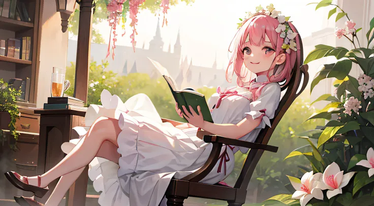 girl, pink dress, white garland, magnolia flowers, wrought iron rattan chair, (read poetry), smile, leisure, fairy.