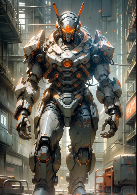 On the moon, barren planet, ruins, holding weapons, no humans, glowing, robot, building, glowing eyes, orange mech, science fiction, city, reality, mecha, galaxy background, full body, neon, cyber Punk, 8K wallpapers, ultra-detailed artwork, cinematic ligh...