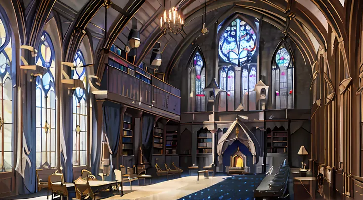 there is a room with fireplace and large windows, gothic epic chapel, beautiful stained glass, fireplace, gothic epic library, g...