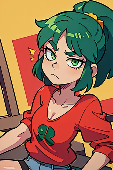 masterpiece, high quality, (anime), best quality, 1girl, very detailed eyes and face, loose red shirt, dynamic light, ((POV)), ponytail hair, (background: classroom), (((green eyes))), dark hair, ((((red shirt)))), ((yellow logo)), denim shorts, aquamarine...
