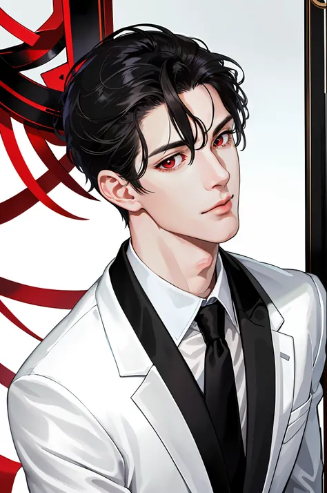 (ridiculous, high resolution, super detailed, realistic,), 1 male, soloist, adult, mature, very white skin, broad shoulders, handsome, cg style, gentle eyes, black hair, red eyes, long eyelashes, good complexion, angular chin, pure black formal suit, tie, ...