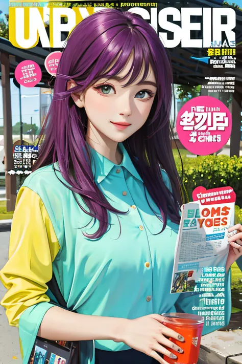 masterpiece, best quality, spring outfit, colorful hair, outdoor, magazine cover ,upper body,