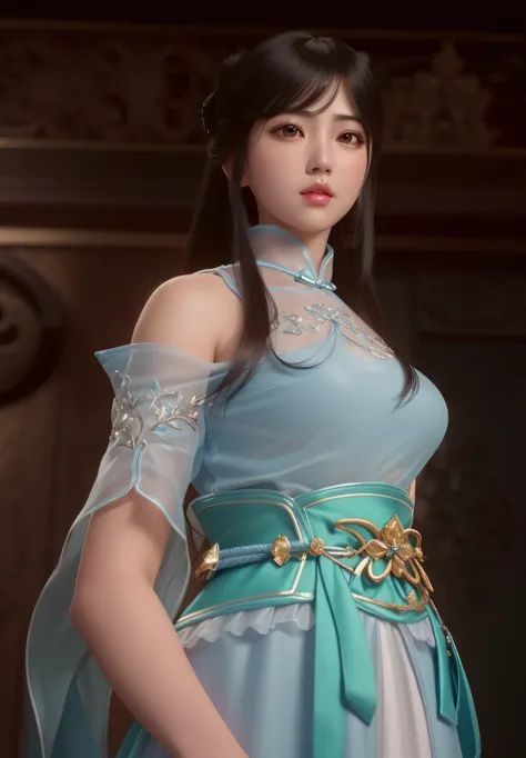 a close up of a woman in a blue dress with a sword, game cg, yun ling, full body xianxia, portrait knights of zodiac girl, trend...