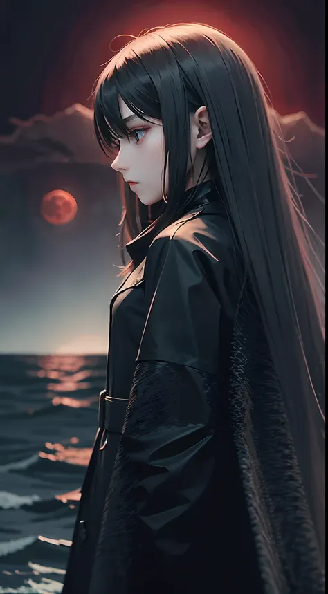 girl, long hair, black coat, standing, behind the pitch black sea, blood moon (sketch: 1.2), anime key visuals, fog, evil, bauha...