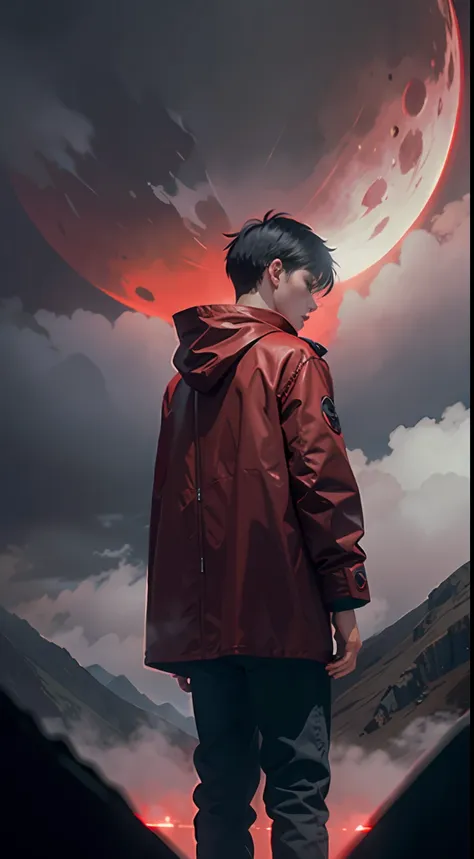 boy, short hair, red coat, standing, behind him is black mountains, red moon, sketch, anime key visuals, fog, evil, bauhaus art,...